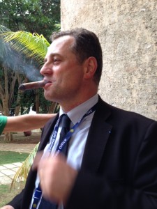 French Vatican Correspondent Antoine Izoard of I. Media enjoys a cigar at the Hotel Nacional in Havana, Cuba shortly after arriving. Photo by Trisha Thomas. September 19, 2015
