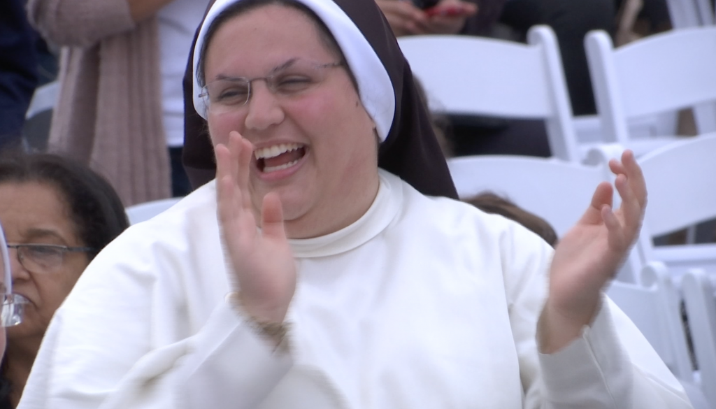Happy Nun jiving to "We are Family" by the Sister Sledge. Philadelphia, September 26, 2015. Freeze frame of video shot by AP video-journalist Paolo Santalucia