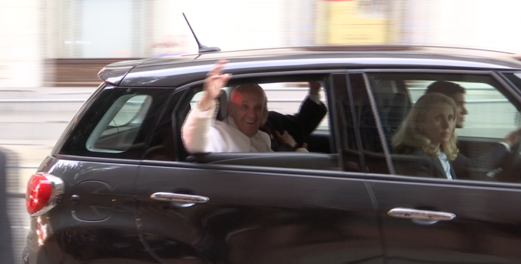Pope Francis waves to the "Hacks in Black" as he leaves Independence Hall in Philadelphia. September 26, 2015. Freeze frame of video shot by video-journalist Paolo Santalucia for AP Television.