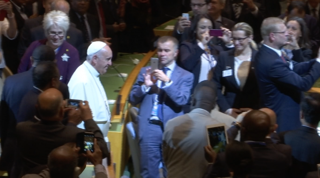 Pope walks into the General Assembly at the United Nations in New York, September 25, 2015. Freeze frame of video shot by AP video-journalist Paolo Santalucia. 