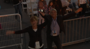 Trisha Thomas of AP Television and Marco Sanga of RAI kicking up their heels to "We are Family" at the Festival of the Family in Philadelphia. September 26, 2015 Freeze frame of video shot by AP video-journalist Paolo Santalucia