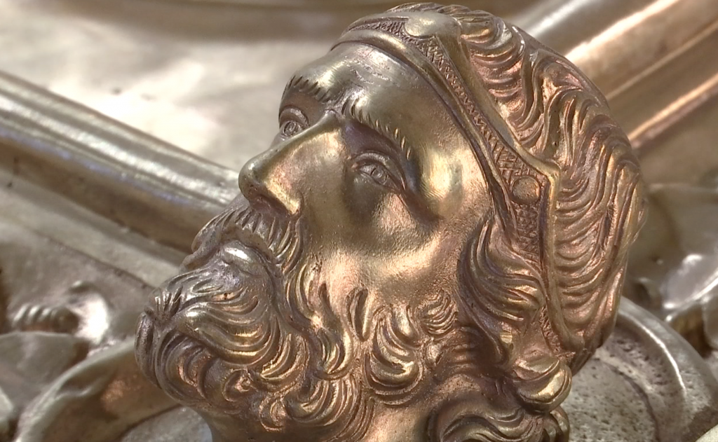 Close up of head on replica of Ghiberti's North Doors. Freeze frame of video shot by Gigi Navarra for AP Television. November 20, 2015