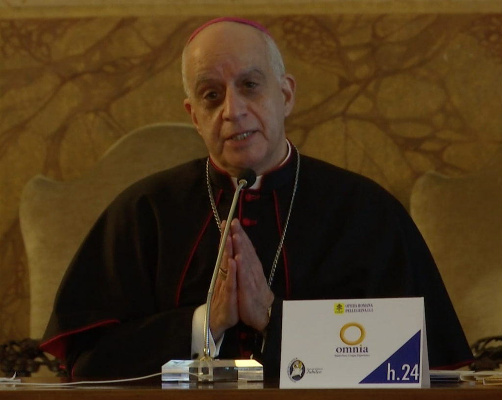 Archbishop Rino Fisichella at a press conference on the Jubilee of Mercy starting December 8th. December 3, 2015. Freeze frame of video shot by AP VJ Paolo Santalucia.