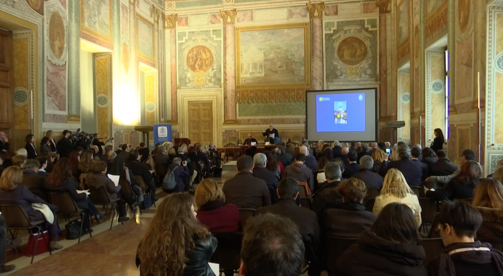 Press Conference on the Jubilee of Mercy at the Lateran Palace in Rome. December 3, 2015. Freeze frame of video shot by AP Television VJ Paolo Santalucia