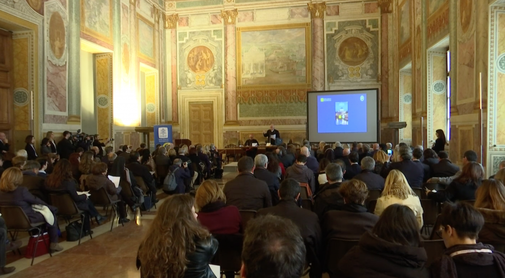 Press Conference on the Jubilee of Mercy at the Lateran Palace in Rome. December 3, 2015.  Freeze frame of video shot by AP Television VJ Paolo Santalucia