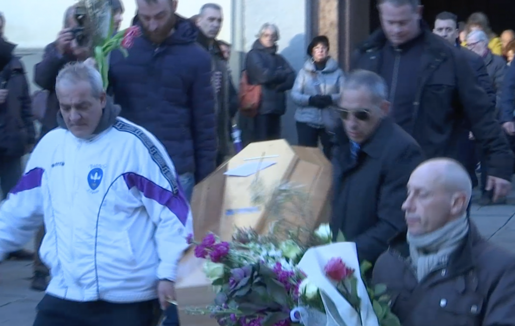 Ashley Olsen's casket being carried out of the Santo Spirito Basilica in Florence following her funeral. Freeze frame of video shot by AP Television cameraman Gigi Navarra. January 13, 2015