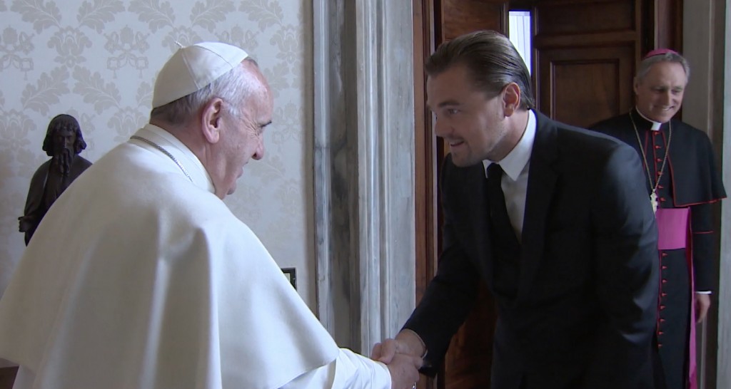 Pope Francis meets with Leonardo Di Caprio at the Vatican. Thursday, January 27, 2016. Freeze frame of video shot by Vatican TV