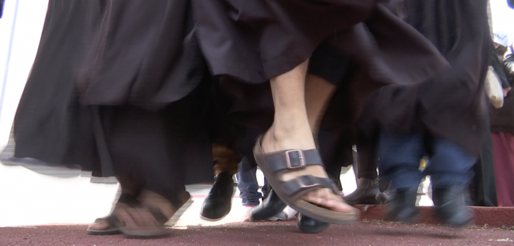 Priests, Seminarians and Nuns kick up their heels in lively dancing while waiting for Mass with Pope Francis in Morelia. February 16, 2016. Freeze Frame of video shot by AP Television VJ Paolo Santalucia