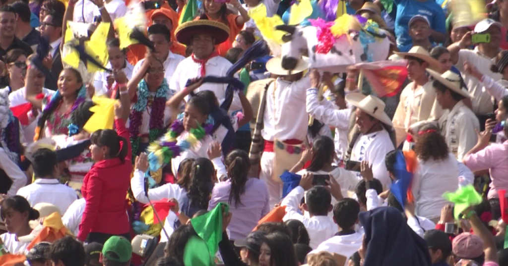 Performance of traditional dances for Pope Francis at a meeting with young people in Morelia, Michoacan, Mexico. Freeze frame of video shot by AP Television VJ Paolo Santalucia. February 16, 2016