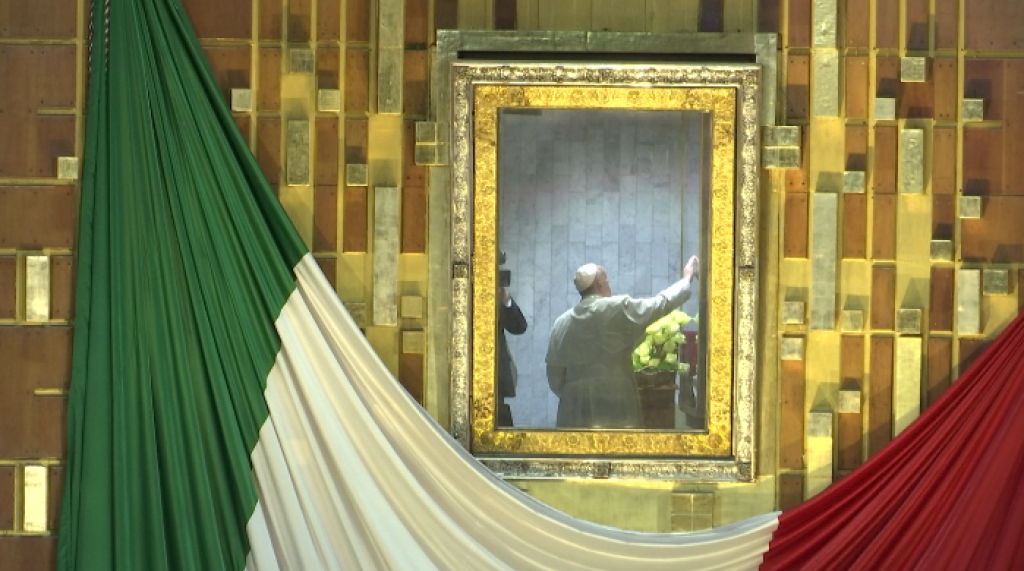 Pope Francis in the Camarin with the cloak (tilma) with the image of Our Lady of Guadalupe. Freeze frame of video shot by AP VJ Paolo Santalucia. February 13, 2016