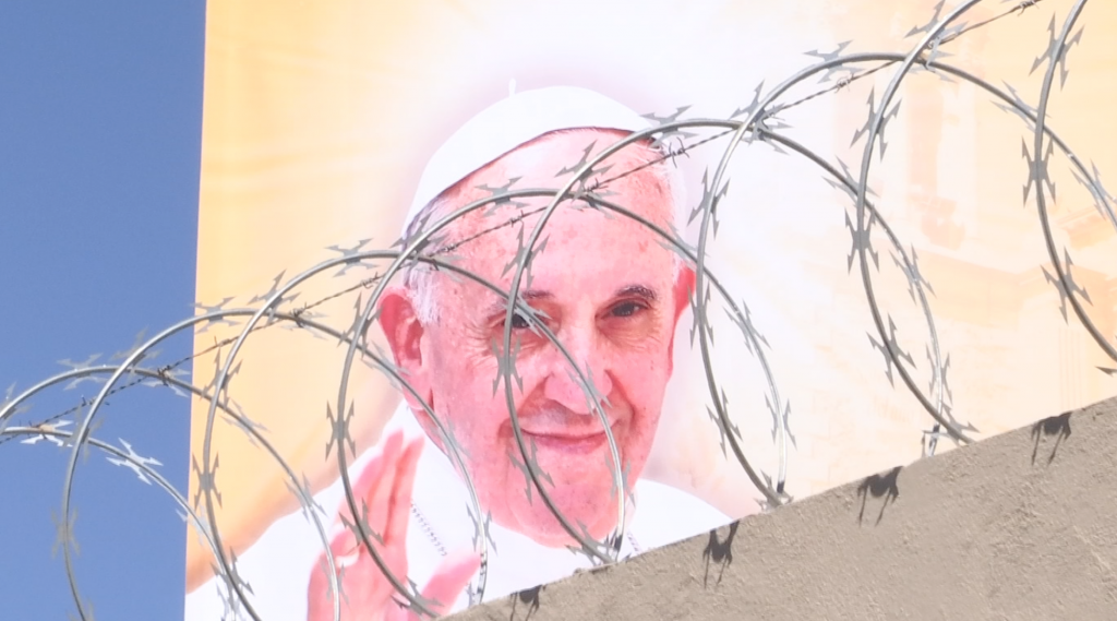 A poster welcoming Pope Francis on the wall of the Cereso N. 3 Prison in Ciudad Juarez, Mexico. Freeze frame of video shot by AP Television video-journalist Paolo Santalucia. February 17, 2016
