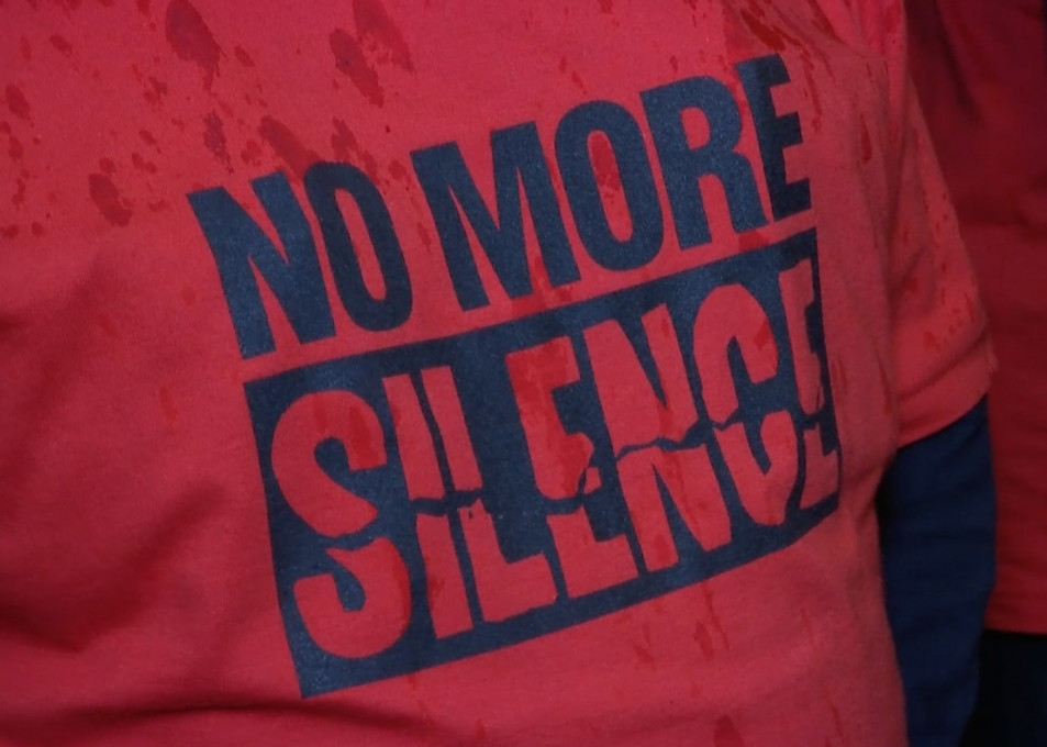 T-shirt worn by a survivor of priestly sexual abuse in Australia attending the hearing with testimony by Cardinal Pell in Rome. February 29, 2016. Freeze frame of video shot by AP Television Cameraman Gianfranco Stara