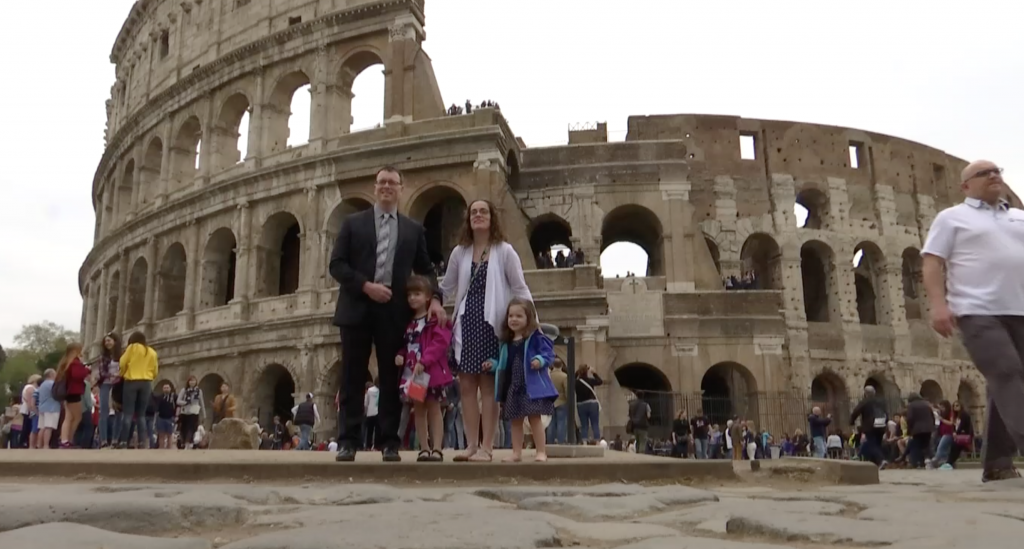 Steve, Christine, Lizzy and Kayla Myers visit the Coliseum in Rome April 1, 2016.  Freeze frame of video shot by AP Television Cameraman Gianfranco Stara