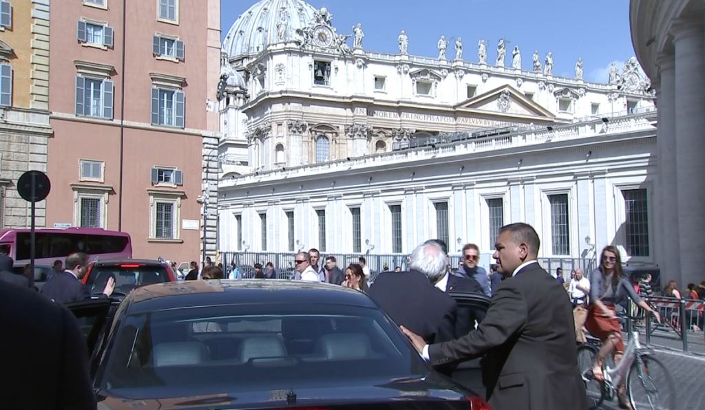 Bernie Sanders gets in a car to head to the airport after his visit to Rome and the Vatican. Freeze frame of video shot by AP Cameraman Paolo Lucariello. April 16, 2016