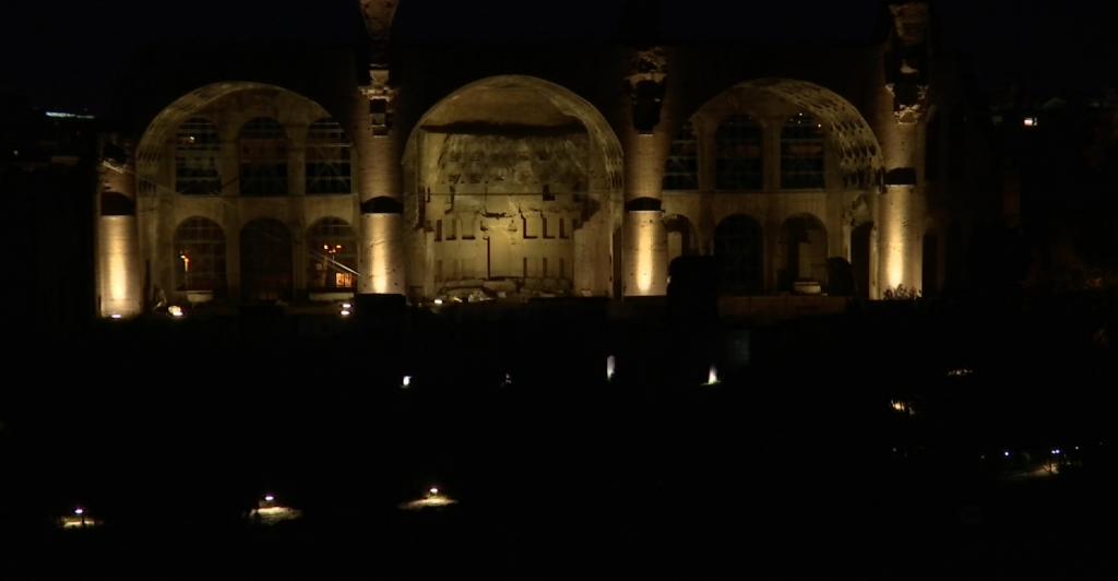 Basilica of Maxentius and Constantine lit up in the Roman Forum at night. Freeze frame of video shot by AP Television Cameraman Gigi Navarra. April 19, 2016