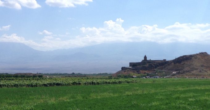 I snapped this photo of the Khor Virap monastery and Mt. Ararat lost in the clouds as we raced in our mini-van towards the monastery. June 26, 2016. Photo by Trisha Thomas