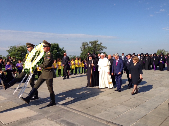 Pope Francis arrives at Tzitzernakaberd, the Armenian genocide memorial site accompanied by Armenian President Serzh Sargsyan. June 25, 2016. Photo by Trisha Thomas