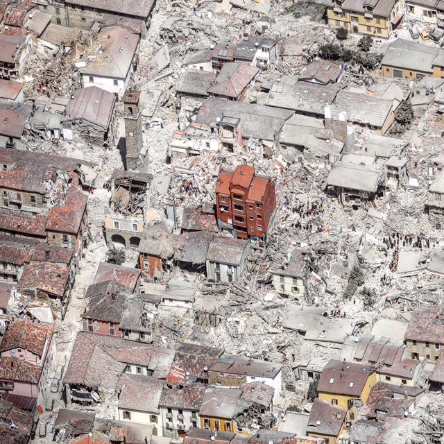 The town of Amatrice, Italy reduced to rubble following the 6.2 magnitude earthquake. Photo by AP Photographer Gregorio Borgia, August 24, 2016