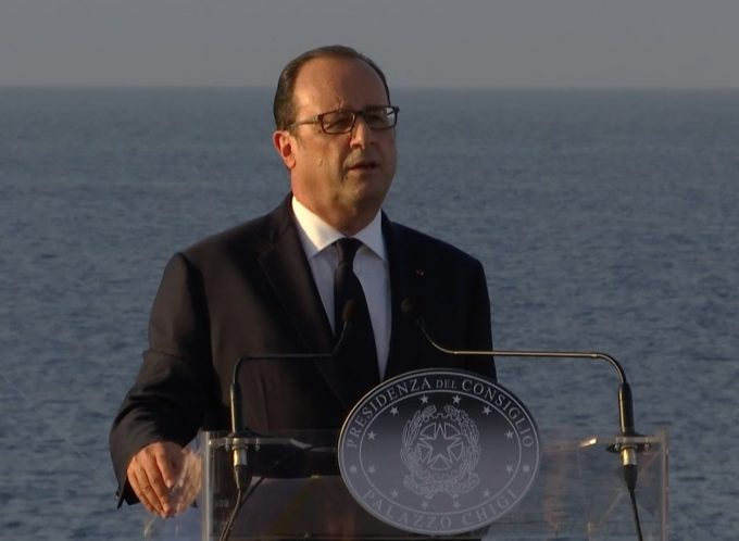 French President Francois Hollande speaks to press aboard the Italian aircraft carrier Garibaldi. August 22, 2016. Freeze frame of video shot by AP Television cameraman Gianfranco Stara