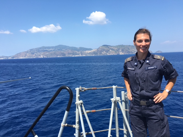 One of the many women sailors on the Italian aircraft carrier Garibaldi. Photo by Trisha Thomas, August 23, 2016