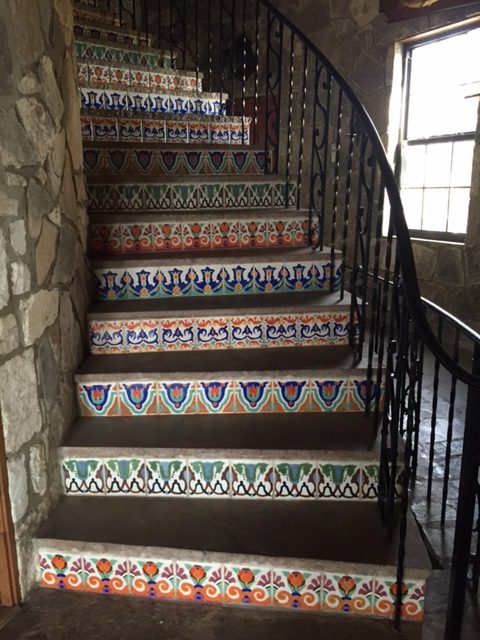 Tiles on staircase leading up to tower bedroom at Niklos Place on Mo Ranch in Hunt, Texas. Photo by Barbara Slayter, December 2016