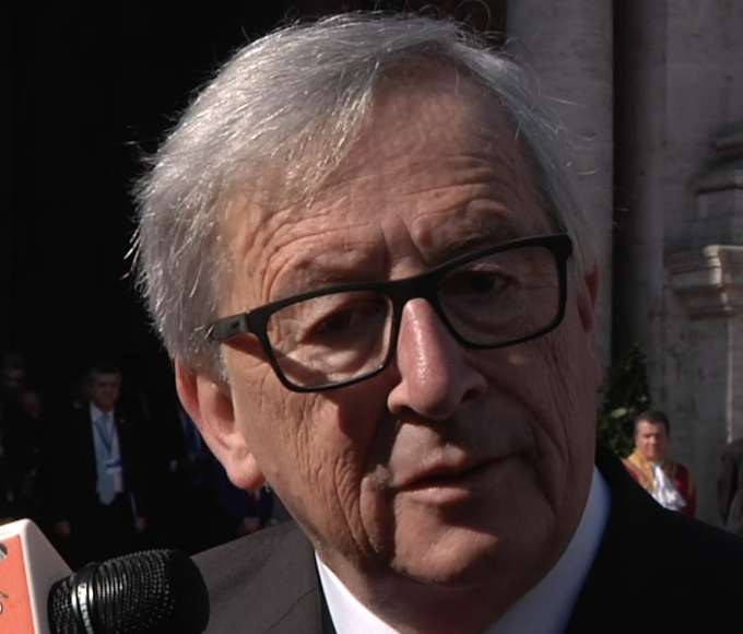 EU Commission President Jean-Claude Juncker describes Britain leaving the EU as a "Tragedy." Freeze frame of video shot by Fanuel Morelli for AP Television. March 25, 2017