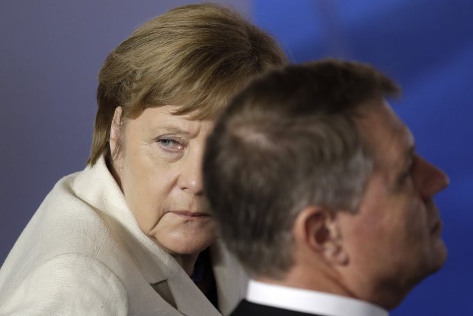 German Chancellor Angela Merkel looks back during the ceremony to mark the 60th anniversary of the Treaty of Rome. March 25, 2017. Photo by AP Photographer Alessandra Tarantino