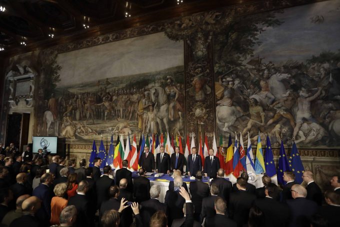 EU leaders gathered in the Horatii and Curiatii Hall to sign the Rome Declaration on the 60th anniversary of the Treaty of Rome. March 25, 2017. Photo by AP Photographer Alessandra Tarantino