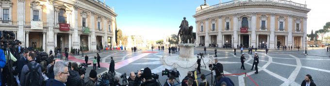 Piazza del Campidoglio in Rome as journalists gather to wait for EU leaders to arrive to celebrate the 60th anniversary of the Treaty of Rome. March 25, 2017. Photo by Trisha Thomas