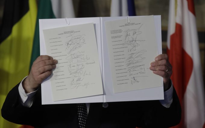 Signatures of EU leaders on The Rome Declaraiton. March 25, 2017 - Photo by AP Photographer Alessandra Tarantino