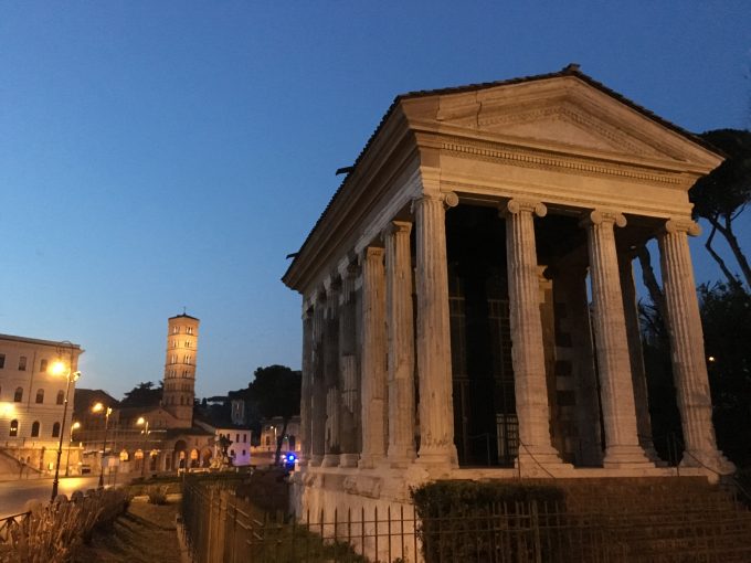 Temple of Portunus near the Bocca Della Verita' at dawn as journalists gathered to go through security checks to go up to the Capitoline Hill. March 25, 2017. Photo by Trisha Thomas