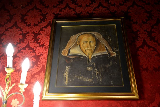 A portrait of one of the evil older sisters of Federico Longhi hangs on the wall of the "Sala Degli Antenati" at the Fumone Castle. April 8, 2017, Fumone, Italy