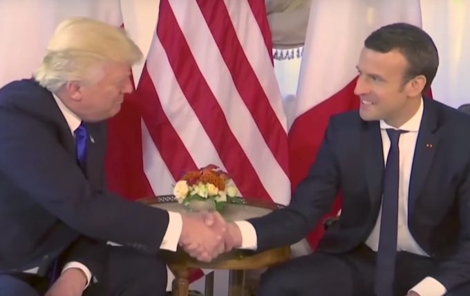 US President Donald Trump and French President Emmanuel Macron in a jaw-clenching handshake at the G7 Summit in Taormina, Sicily. Freeze frame from Host Broadcaster pool footage. May 26, 2017