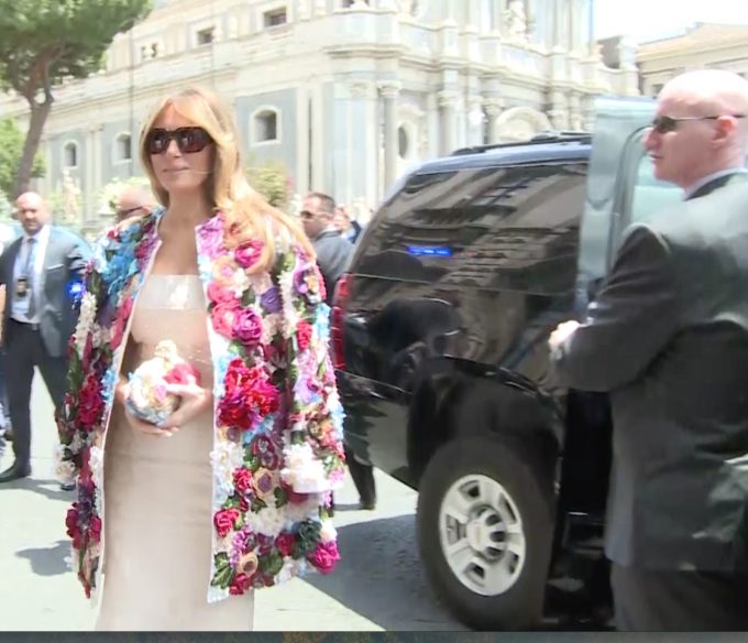 Melania Trump makes her entrance at the Piazza degli Elefanti like a true Diva wearing at $51,000 Dolce & Gabbana applique jacket. Freeze frame of video shot by APTN video-journalist Fabio Platania. May 26, 2017.
