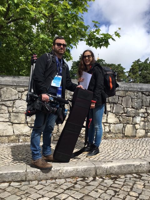 AP Television team of Pietro De Cristofaro and Helena Alves lugging their equipment to the Sanctuary of Our Lady of Fatima. Photo by Trisha Thomas, May 11, 2017
