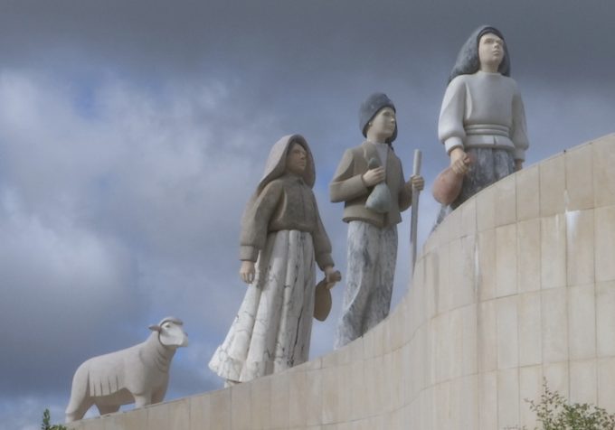 The statue of the three shepherd children at the entrance to the town of Fatima. Freeze frame of video shot by Associated Press video-journalist Pietro De Cristofaro. Fatima, Portugal May 13, 2017