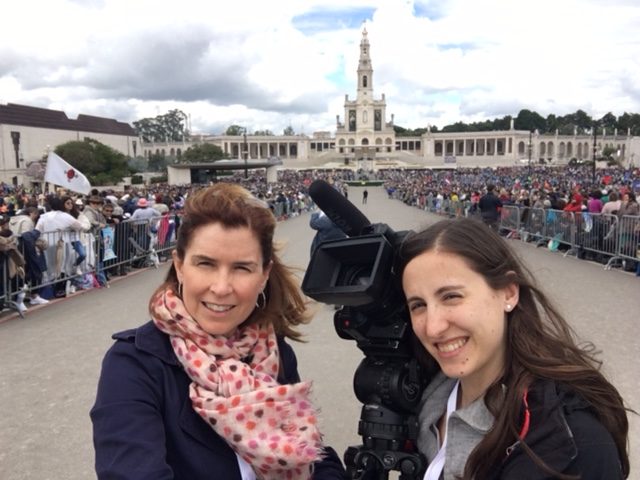AP Television team of Trisha Thomas and Helena Alves at the Shrine of Our Lady of Fatima. Selfie-shot by Trisha Thomas, Fatima, Portugal, May 13, 2017.
