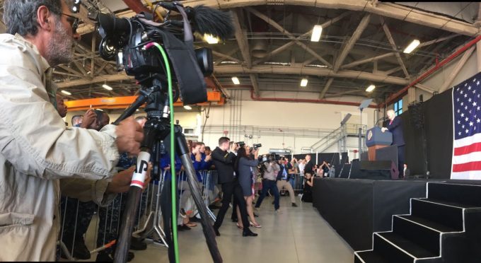 AP Television cameraman Gianfranco Stara filming US President Donald Trump speaking to the troops at the Sigonella Air Base.  May 27, 2017. Photo by Paolo Santalucia