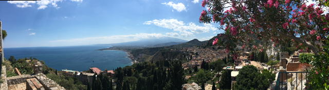The view out towards the sea and across to Mt. Etna from the Greek Theater in Taormina. Photo by Trisha Thomas, Sunday, May 28, 2017
