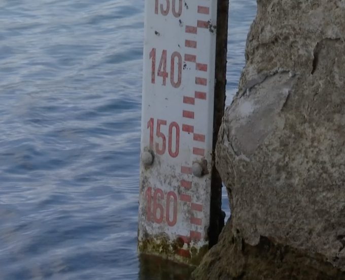 A meterstick in Lake Bracciano showing the water lever has dropped to l.6 meters below normal. Freeze frame of video shot by AP Television Cameraman Gianfranco Stara. July 24, 2017