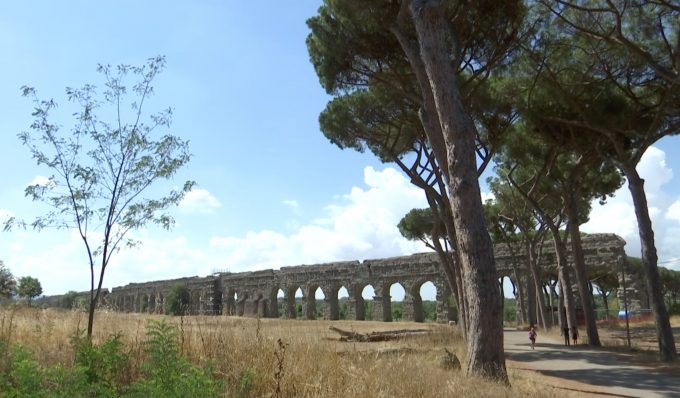 The remains of the ancient Roman aqueduct, the Acqua Claudia, on the Appian Way on the outskirts of Rome. Freeze frame of video shot by AP Television cameraman Gianfranco Stara. July 26, 2017