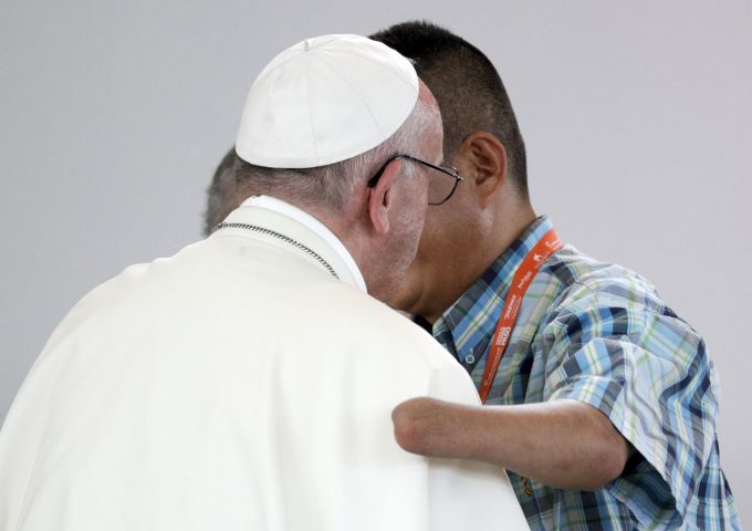 Pope Francis greeting Juan Carlos Murcia Perdomo at a the "Great Prayer Meeting for National Reconciliaton" Villavicencio, Colombia,  Saturday, Sept. 9, 2017. Photo by AP Photographer Andrew Medichini (note this is one of the extra shots not used by AP and generously given to me by Andrew)