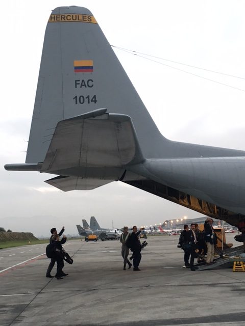Vatican Press Corps boarding a C-130 Hercules Colombian Air Force plane for Medellin. September 9, 2017. Photo by Trisha Thomas
