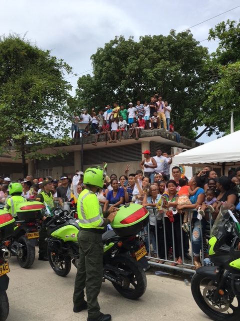 Police blocking crowd along the road in Cartagena, Colombia. September 17, 2017. Photo by Trisha Thomas