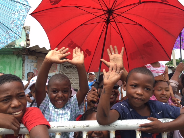 Children waving to Pope Francis in Cartagena. September 10, 2017. Photo by Trisha Thomas