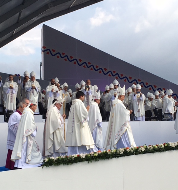 Pope Francis processing into Mass at Simon Bolivar Park in Bogota. September 7, 2017. Photo by Trisha Thomas (I was struck by all the triangles in this photo)